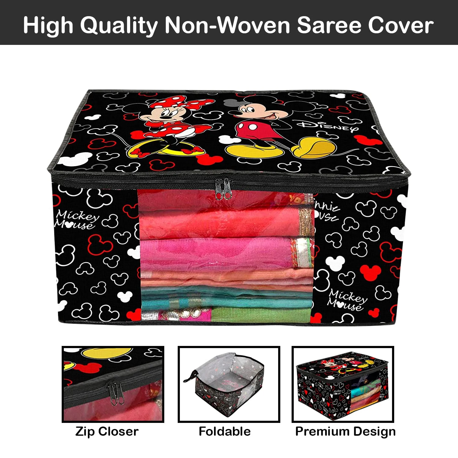 Kuber Industries Disney Mickey Saree Cover|Non-Woven Foldable Clothes Bag|Transparent Window Wardrobe Organizer|Extra Large|Pack of 2 (Black)